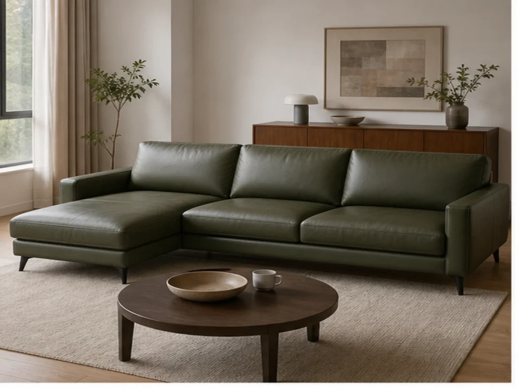 Sofa góc Tối giản da thật màu xanh rêu