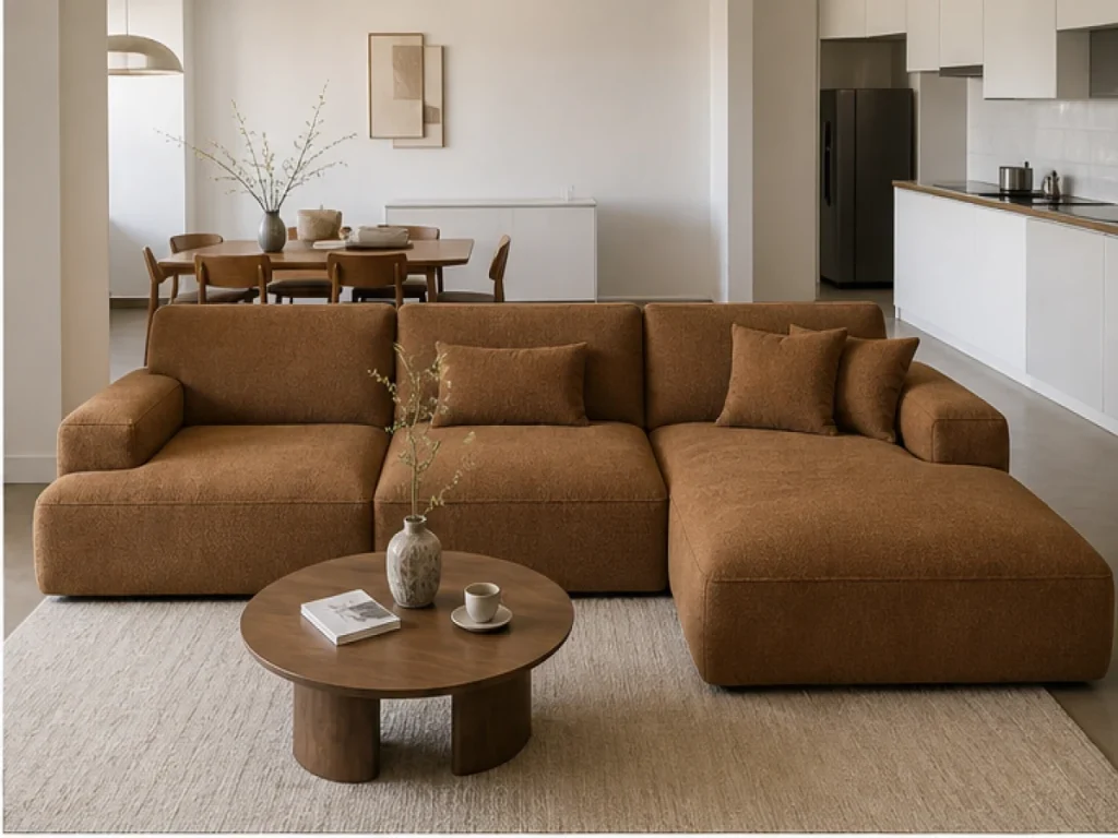 Sofa góc Tối giản vải chenille màu nâu caramel