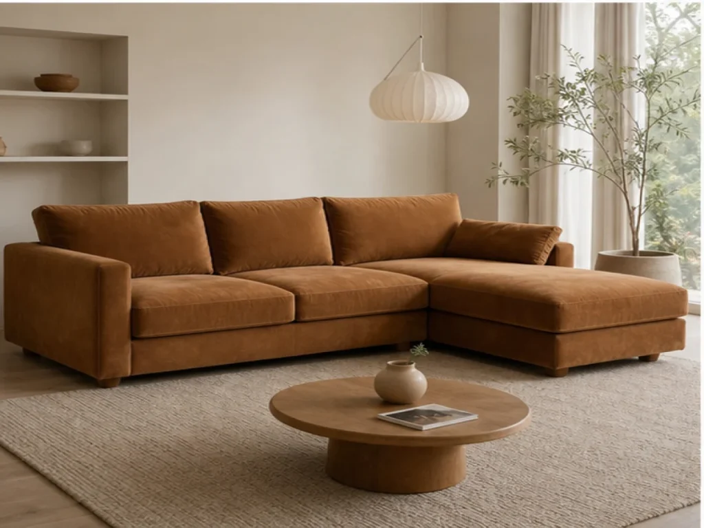 Sofa góc Tối giản vải nhung màu nâu caramel