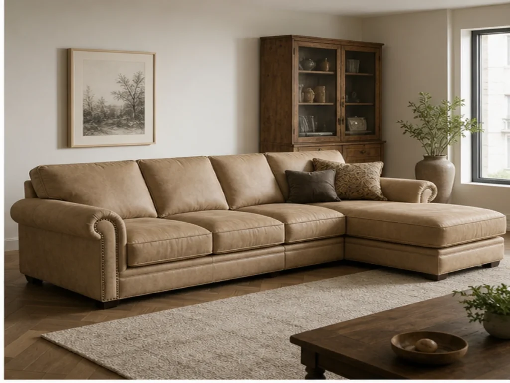 Sofa góc Vintage da microfiber màu be